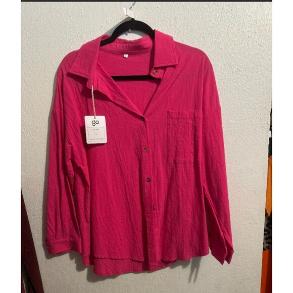 213 Hot Pink Oversized Button Down Shirt – Slouchy Off-Shoulder Blouse, Casual - Picture 2 of 3